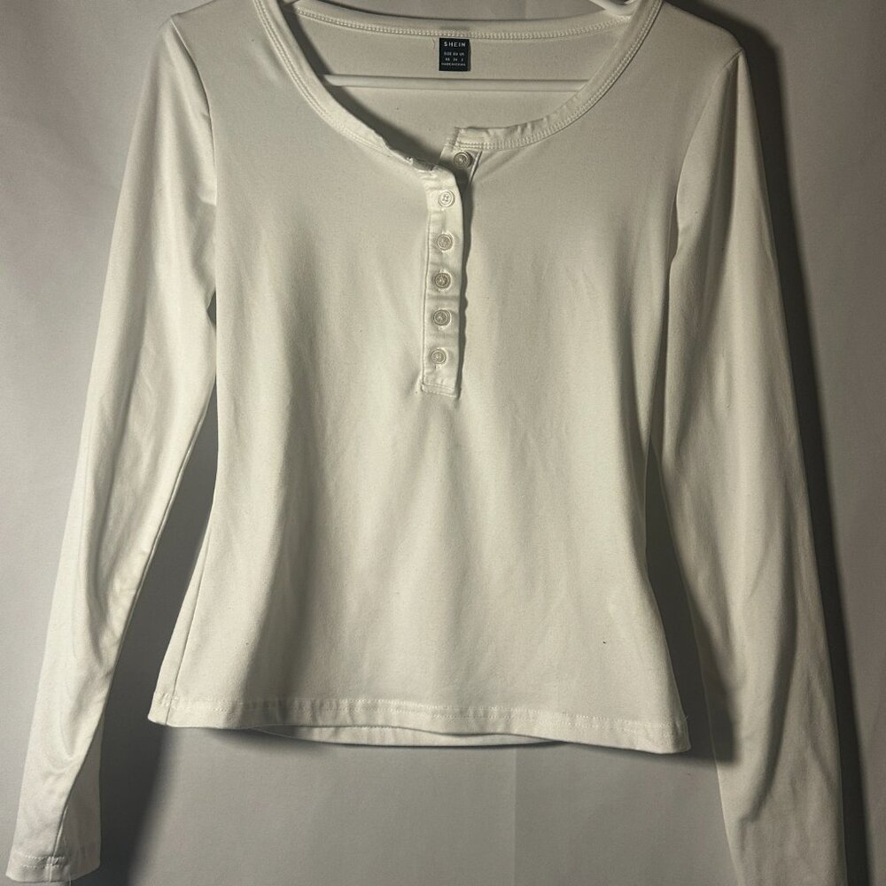 SHEIN White Long Sleeve Henley Top Button Front Size XS